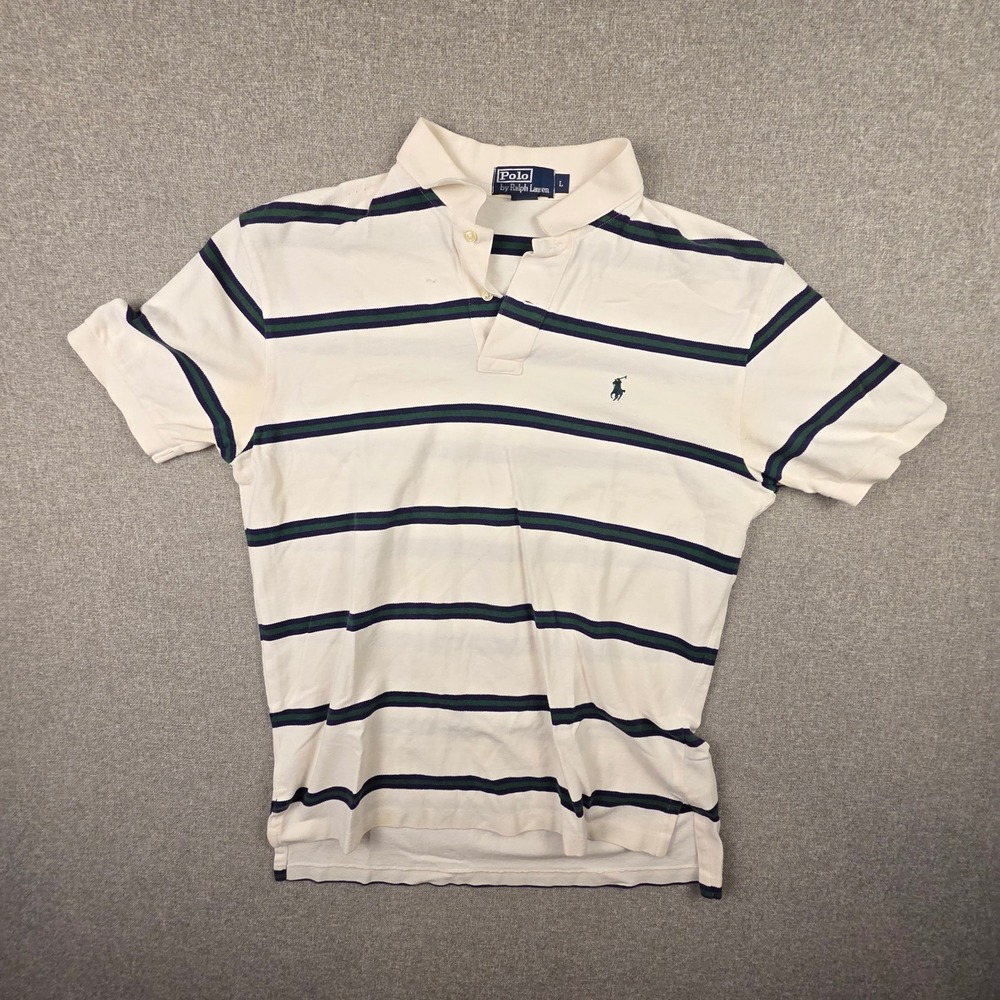 Vintage Polo Ralph Lauren Mens Large White Blue Striped Pique Cotton Polo Shirt